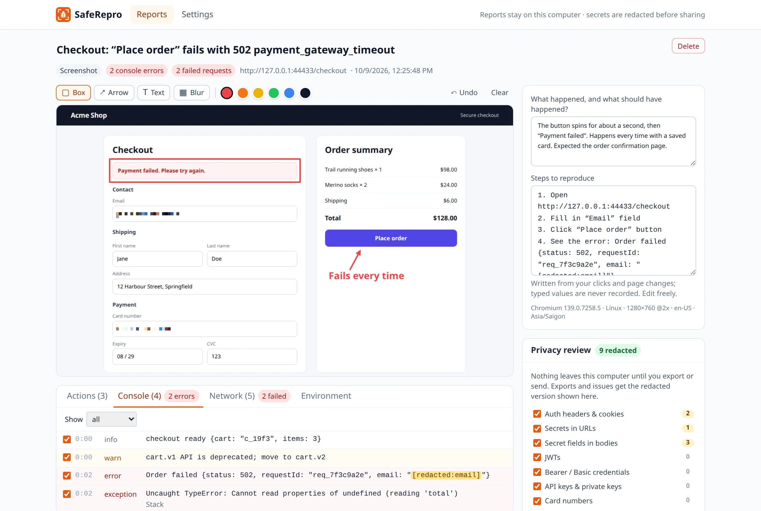 The SafeRepro report editor: an annotated screenshot of a failed checkout, the console with 2 errors, repro steps written from the clicks, and the privacy review showing 9 secrets redacted