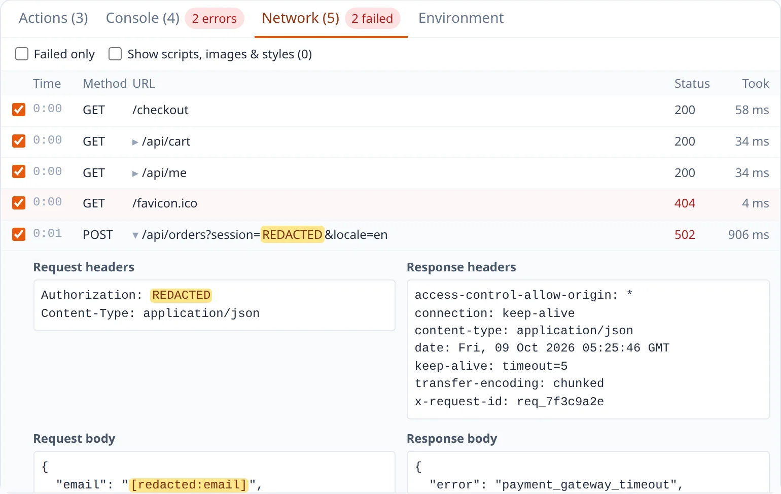 The network log of the report: the failed POST /api/orders with status 502, its redacted Authorization header, response headers and redacted request body