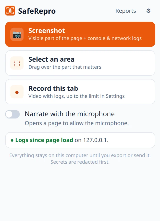 The toolbar popup with Screenshot, Select an area and Record this tab, and “Logs since page load” turned on for the site